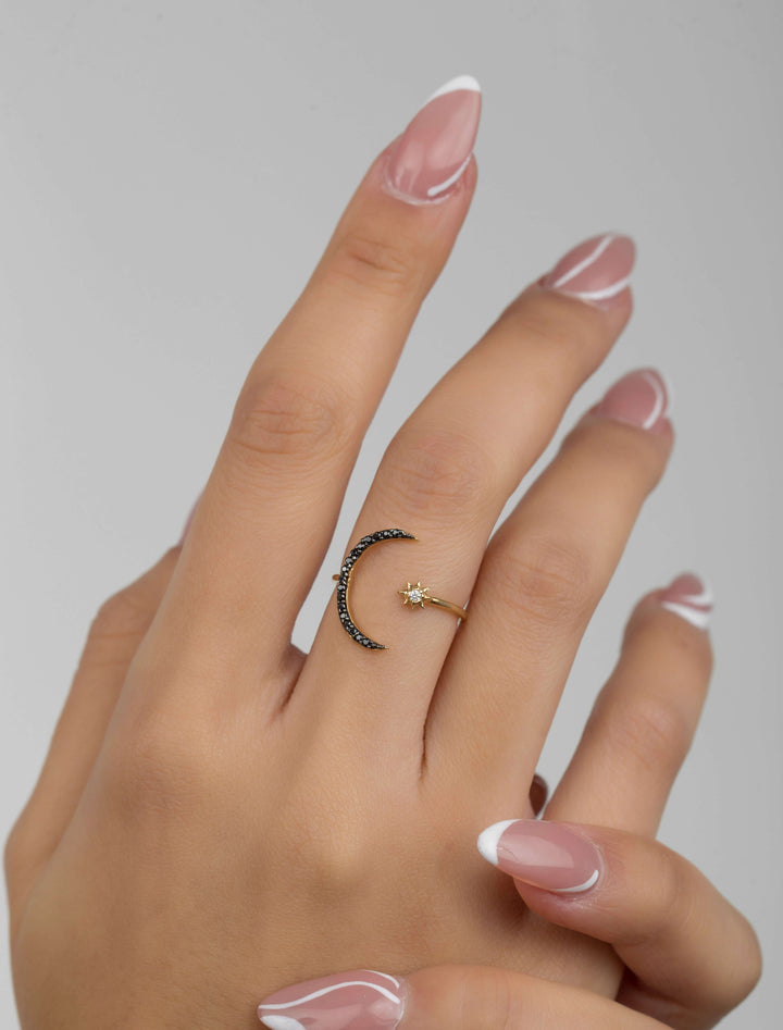 18K GOLD ADJUSTABLE MOON STAR RING