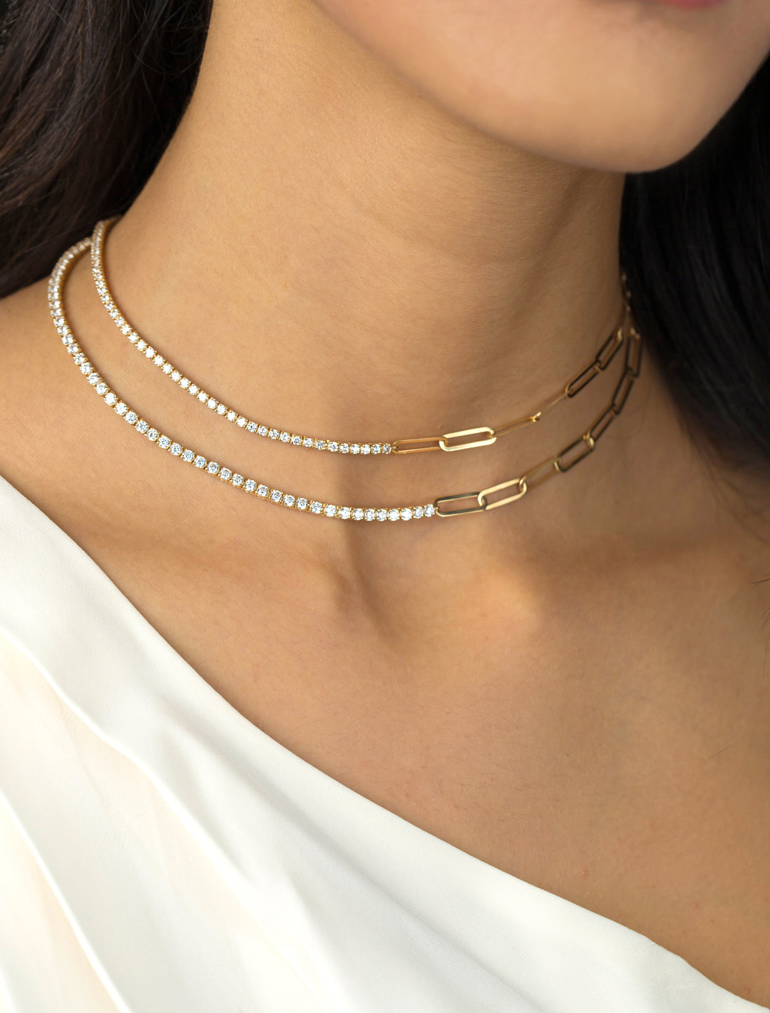 18K GOLD HALF DIAMOND TENNIS HALF PAPERCLIP NECKLACE –
 2 mm