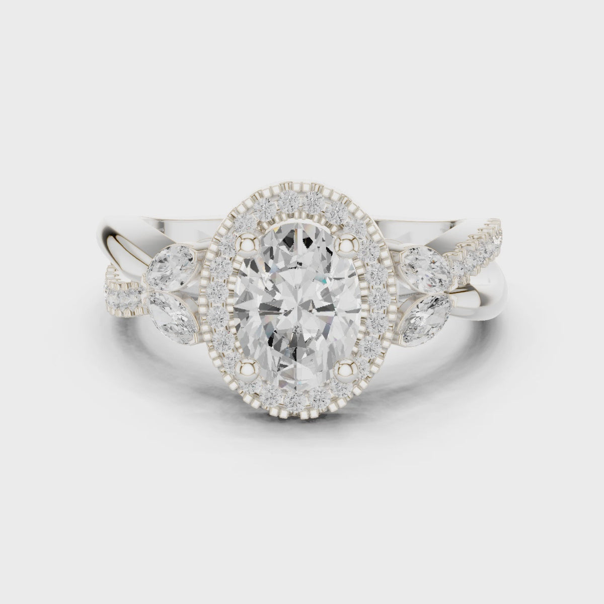 Oval lab-grown diamond halo engagement ring with marquise side stones in white gold, 360 degree video
