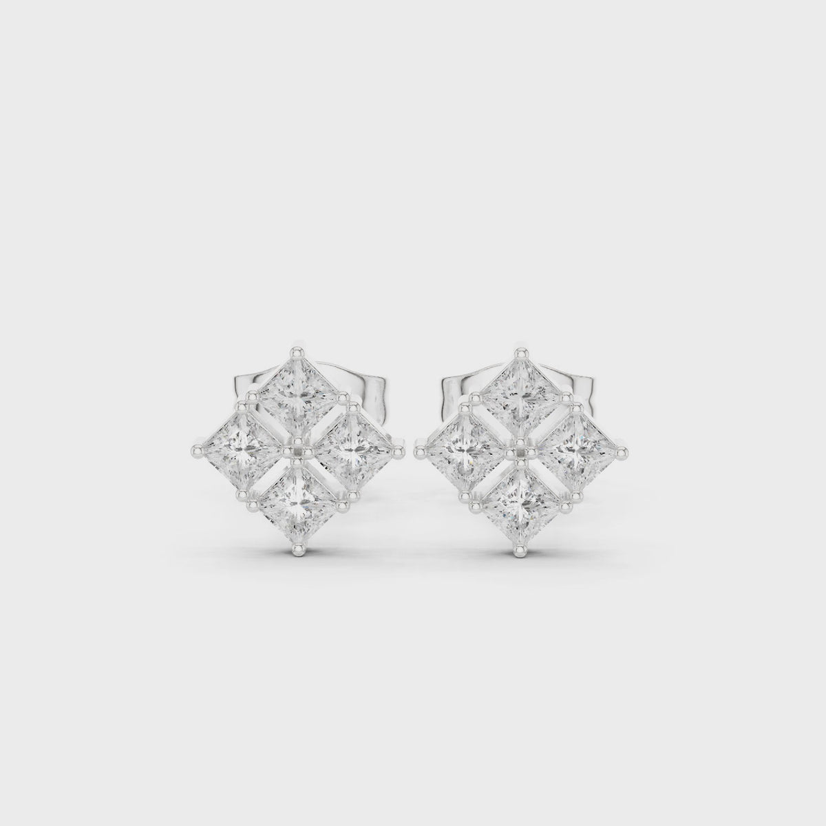 Princess-cut lab-grown diamond cluster stud earrings in white gold, 360 degree video