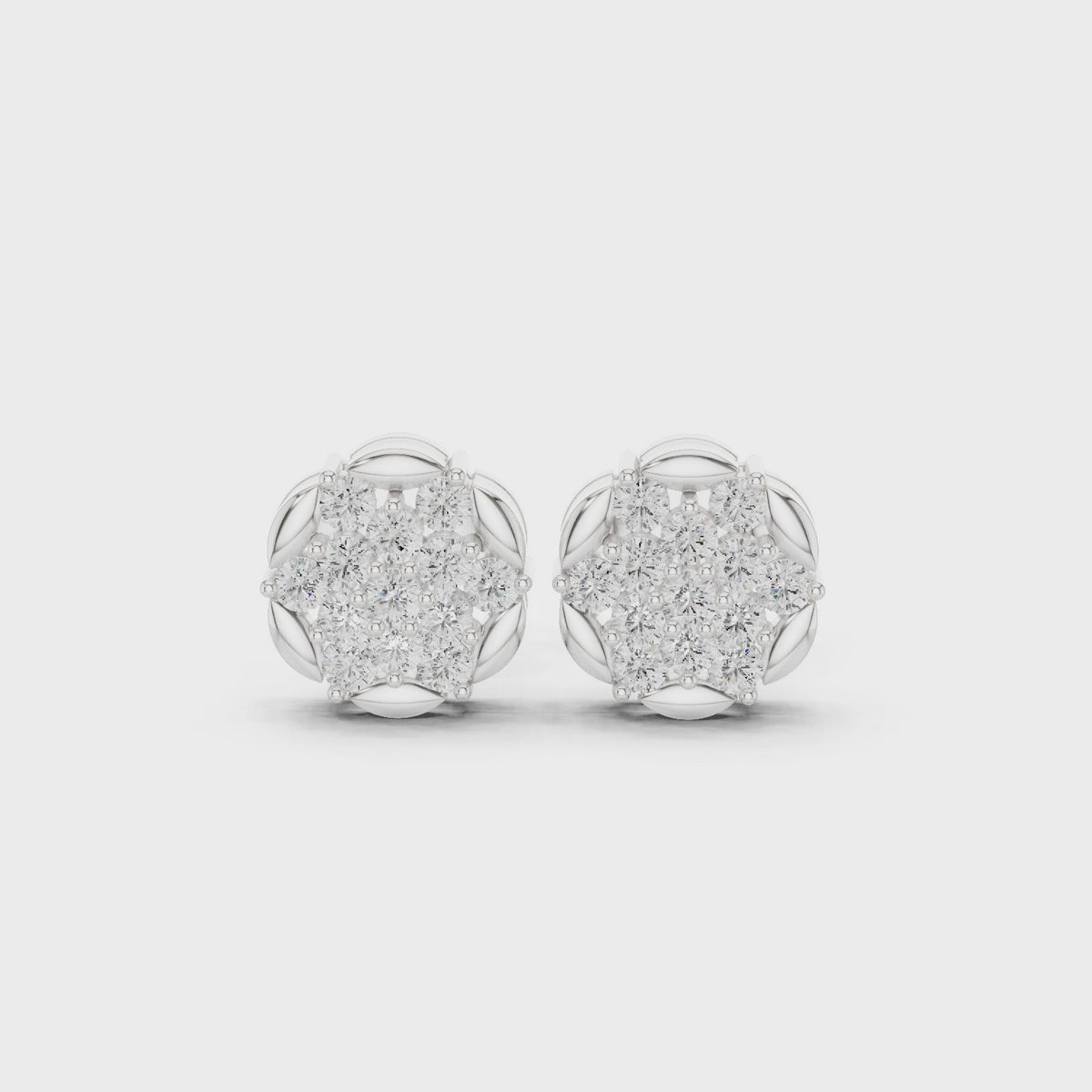 Round lab-grown diamond illusion cluster stud earrings in white gold, 360 degree video