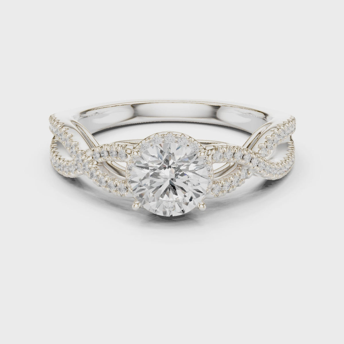 Round lab-grown diamond crossover halo engagement ring in white gold, 360 degree video