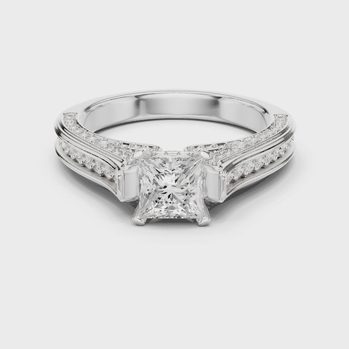 Princess-cut lab-grown diamond split shank pavé engagement ring in white gold, 360 degree video