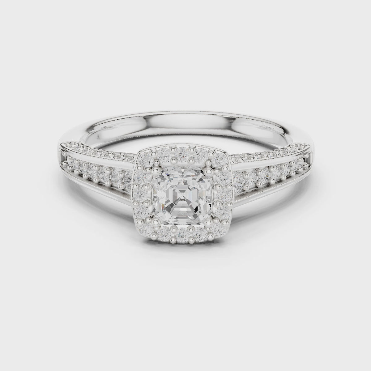 Square emerald-cut lab-grown diamond halo engagement ring in white gold, 360 degree video