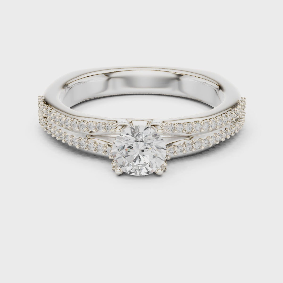 Round lab-grown diamond double-row pavé engagement ring in white gold, 360 degree video