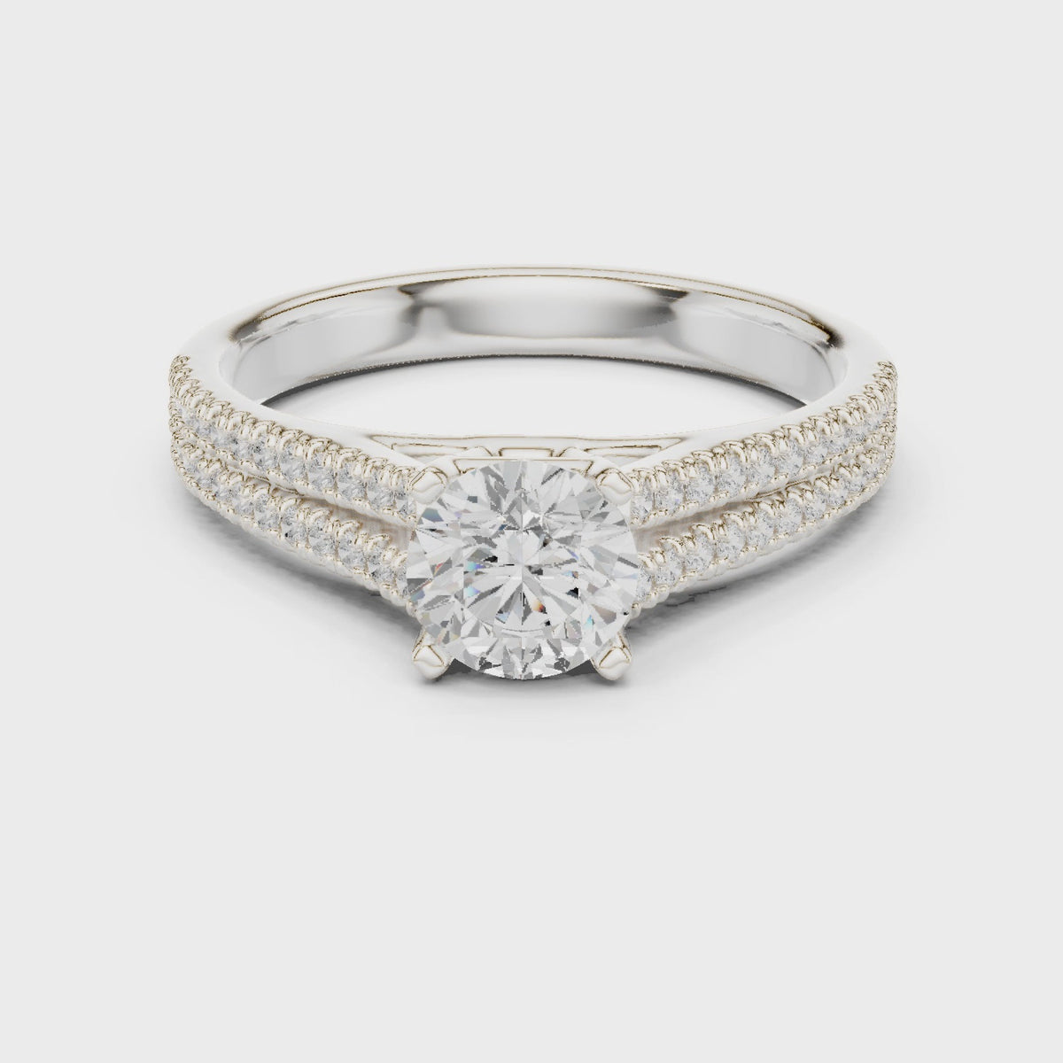 Round lab-grown diamond split shank pavé engagement ring with side stones in white gold, 360 degree video