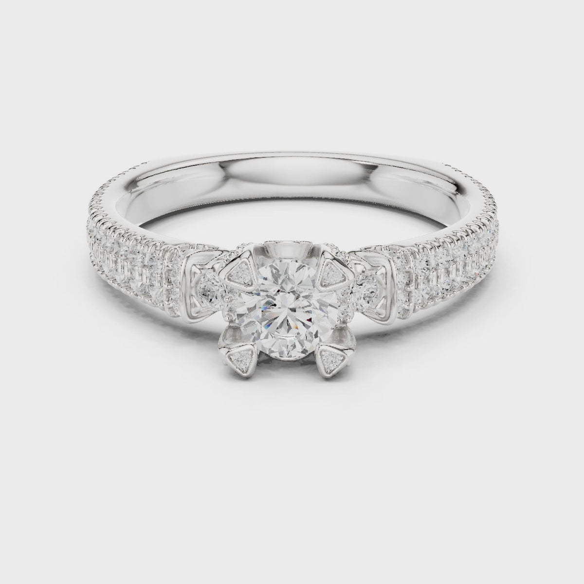 Round lab-grown diamond wide pavé engagement ring with accent diamonds in white gold, 360 degree video