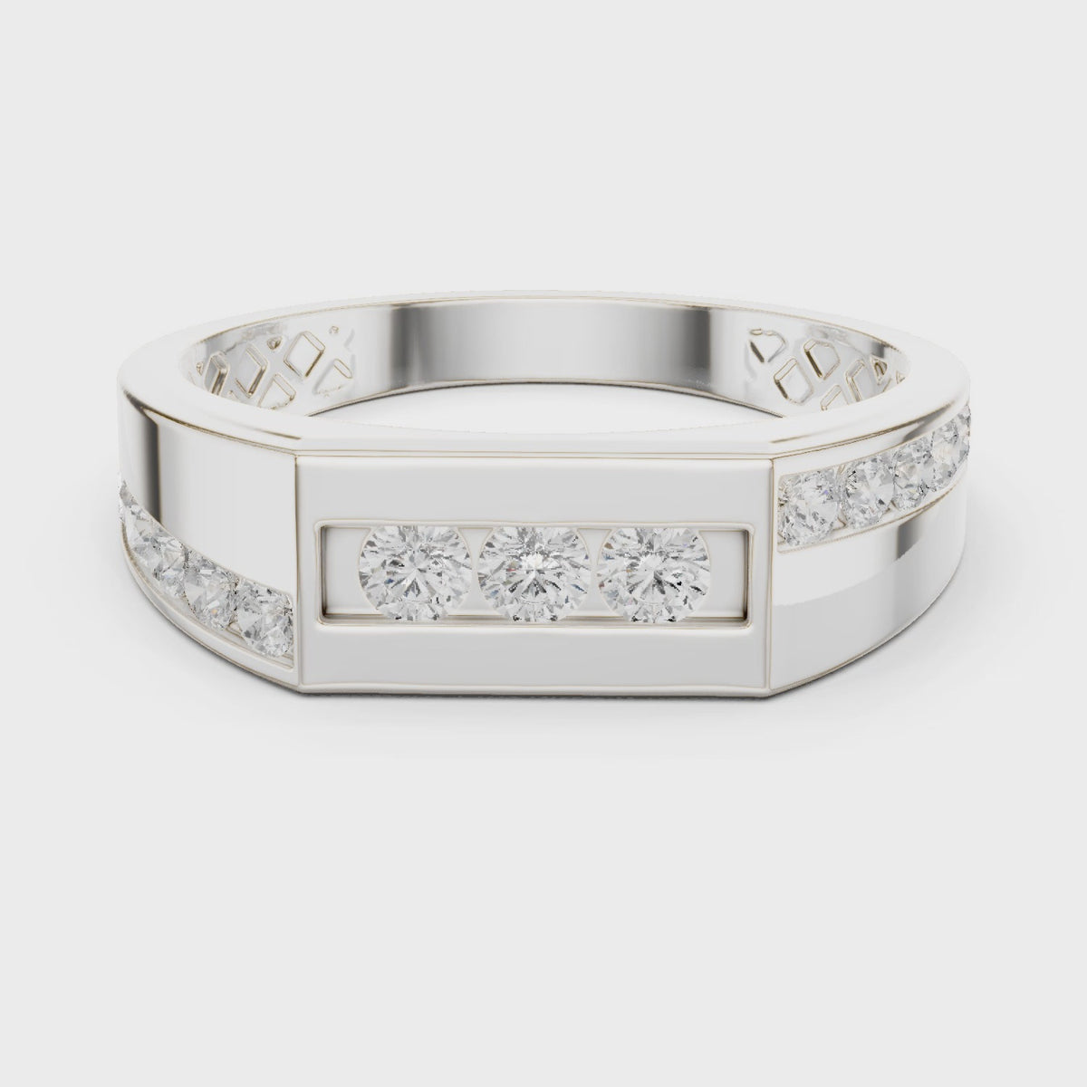 Round lab-grown diamond channel-set signet ring in white gold, 360 degree video