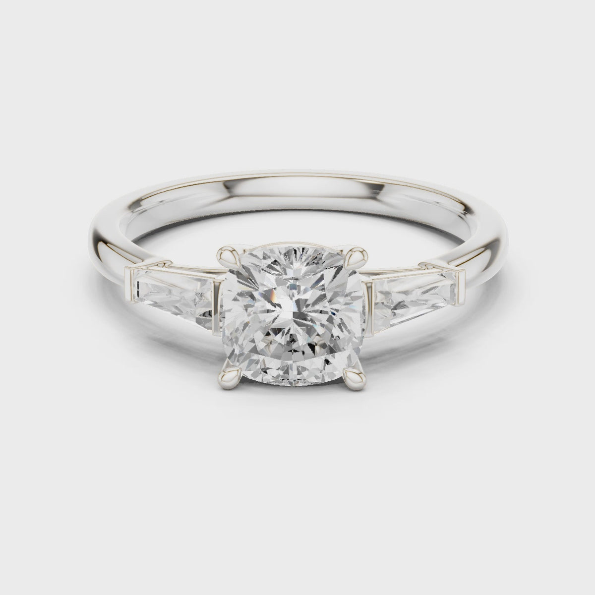Cushion-cut lab-grown diamond three stone engagement ring in white gold, 360 degree video