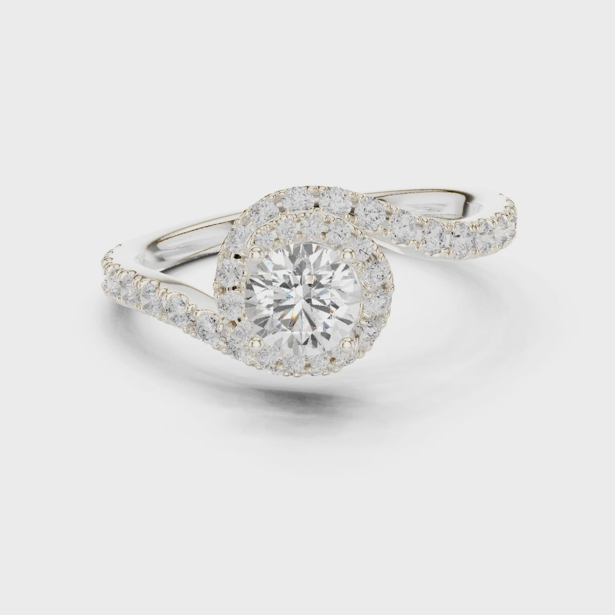 Round lab-grown diamond bypass engagement ring in white gold, 360 degree video