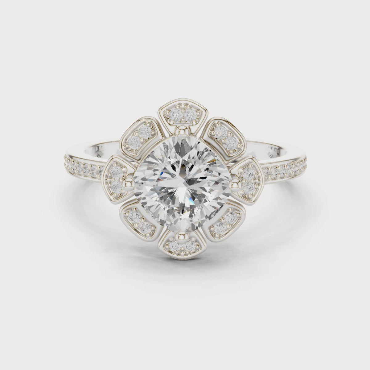 Round lab-grown diamond floral halo engagement ring in white gold, 360 degree video