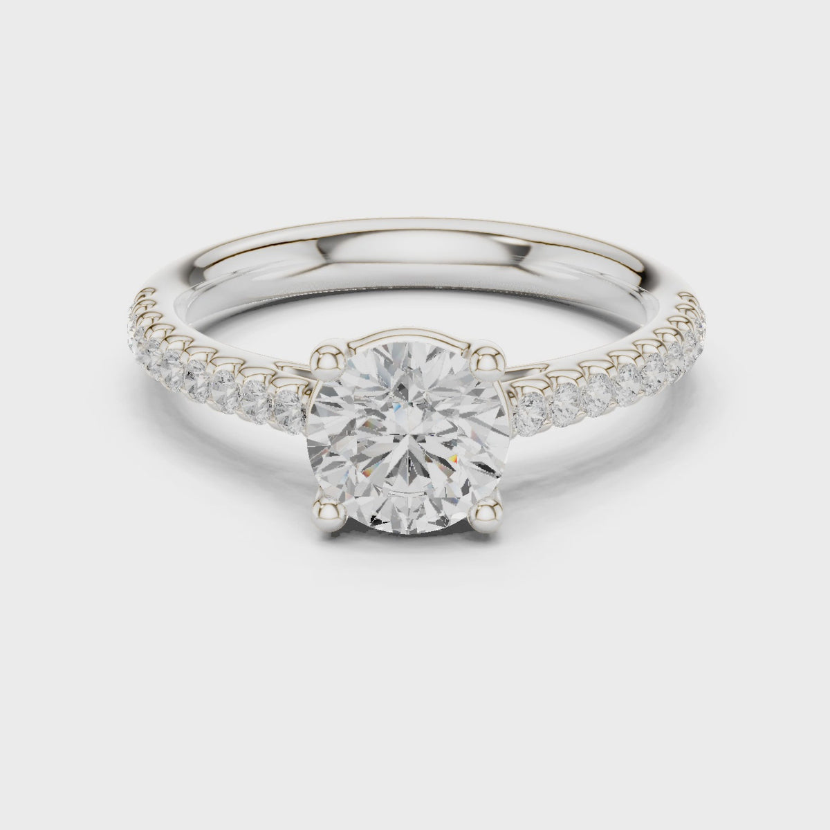 Round lab-grown diamond pavé engagement ring in white gold, 360 degree video