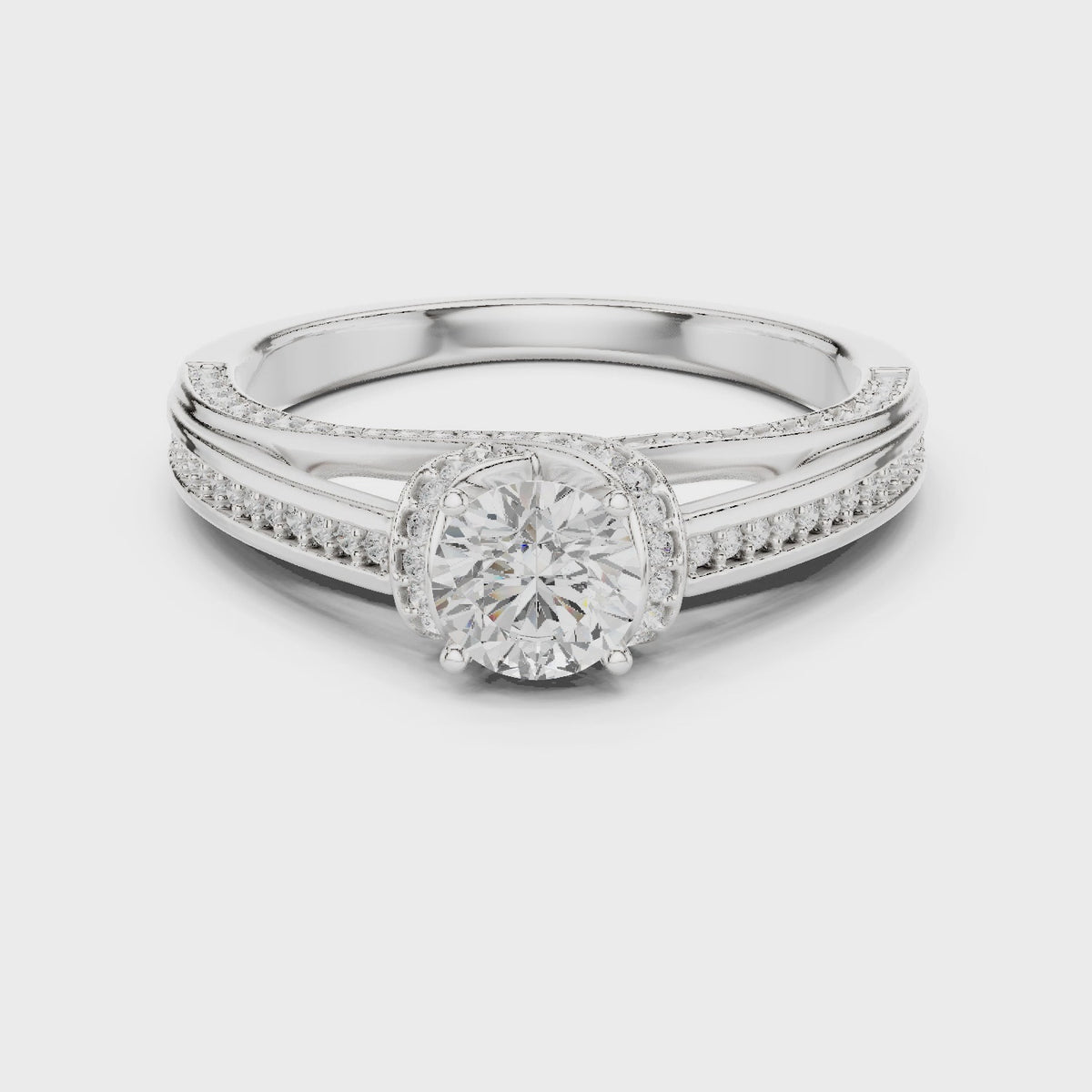 Round lab-grown diamond bypass pavé engagement ring in white gold, 360 degree video