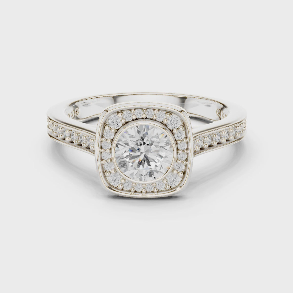 Round lab-grown diamond cushion halo engagement ring in white gold, 360 degree video