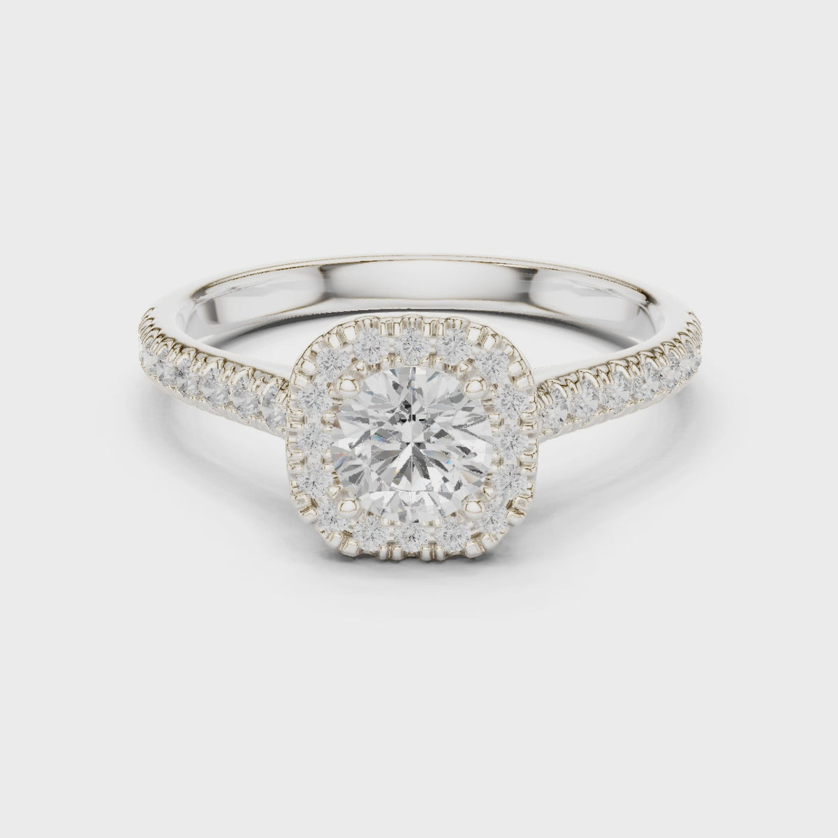 Round lab-grown diamond cushion halo engagement ring in white gold, 360 degree video