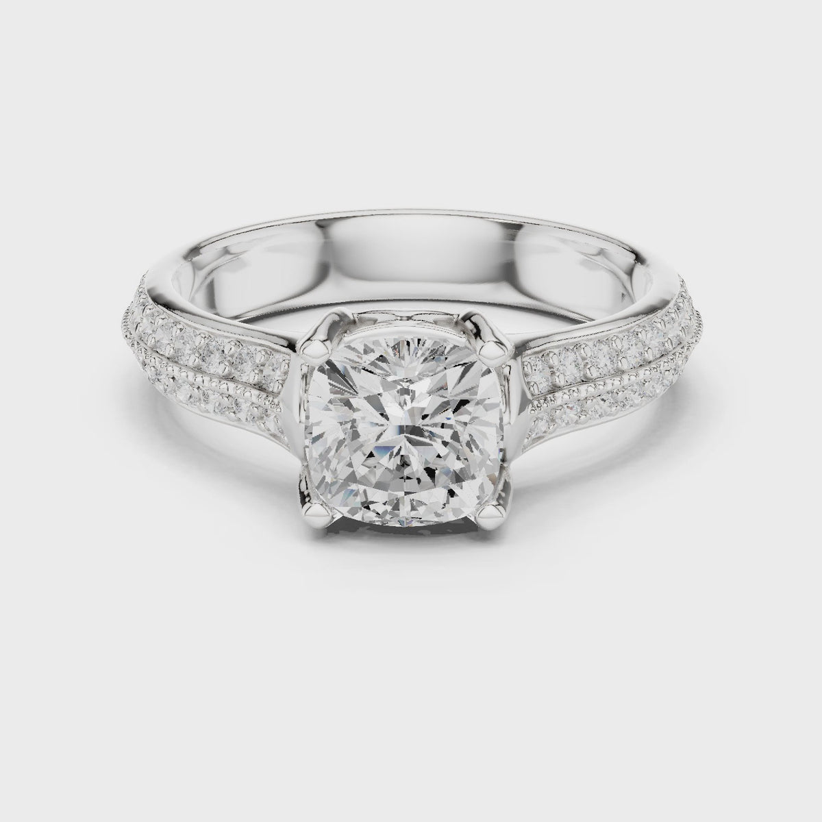 Cushion-cut lab-grown diamond pavé engagement ring in white gold, 360 degree video