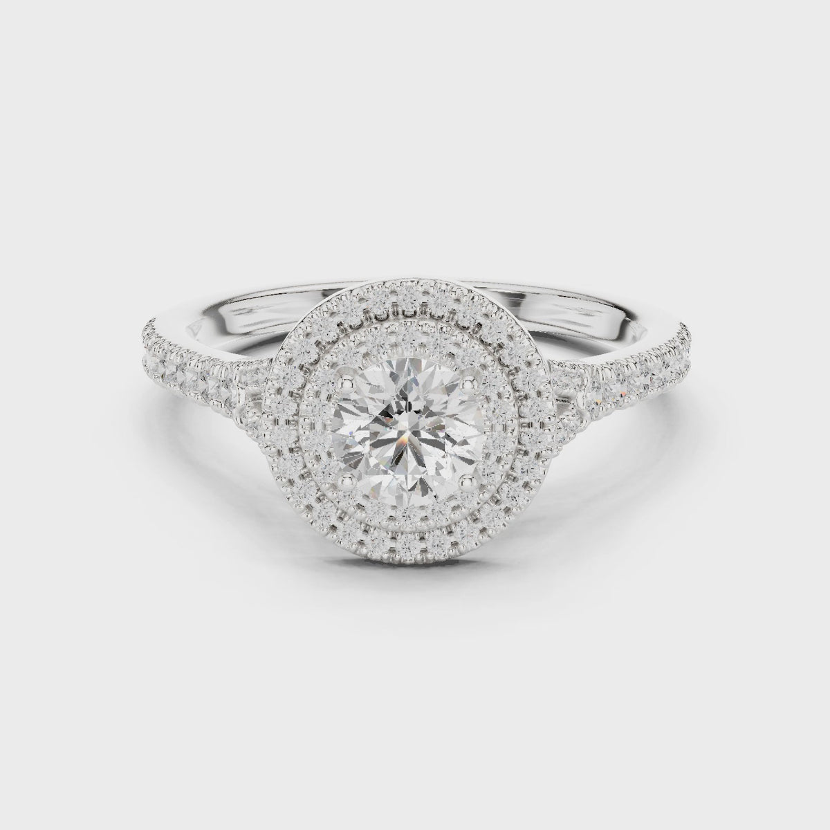 Round lab-grown diamond double halo engagement ring with pavé shoulders in white gold, 360 degree video