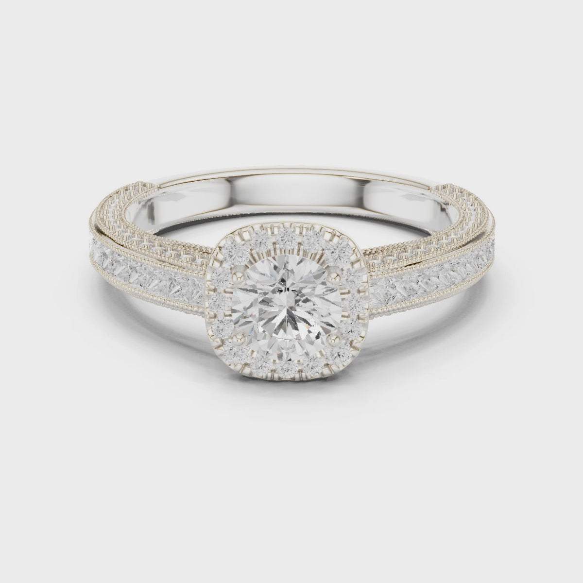 Round lab-grown diamond halo engagement ring with princess accents in white gold, 360 degree video