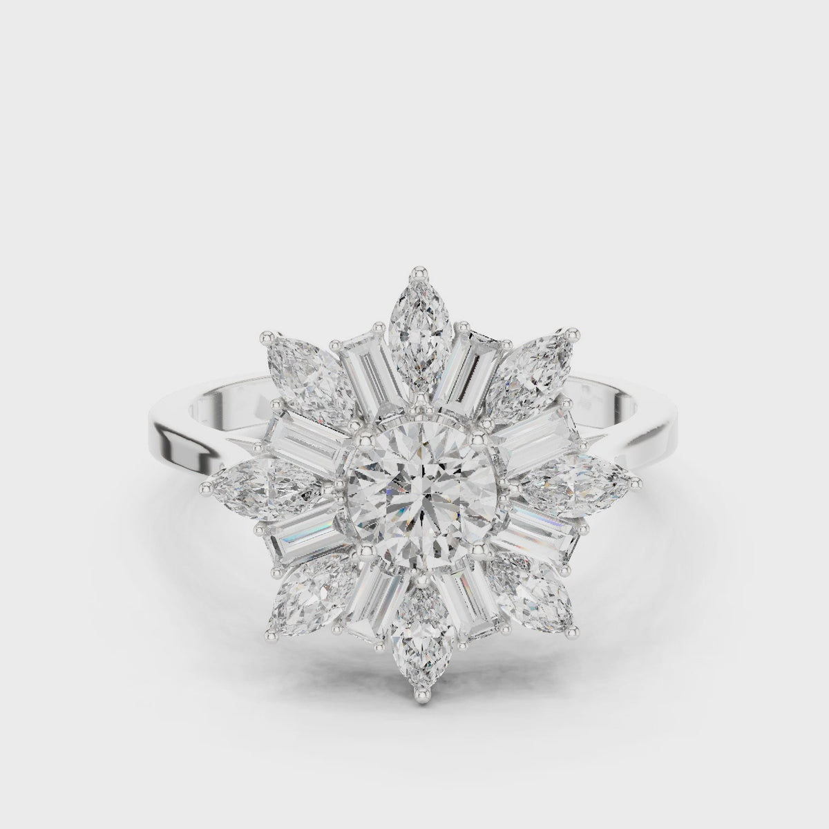 Round lab-grown diamond starburst cluster ring in white gold, 360 degree video