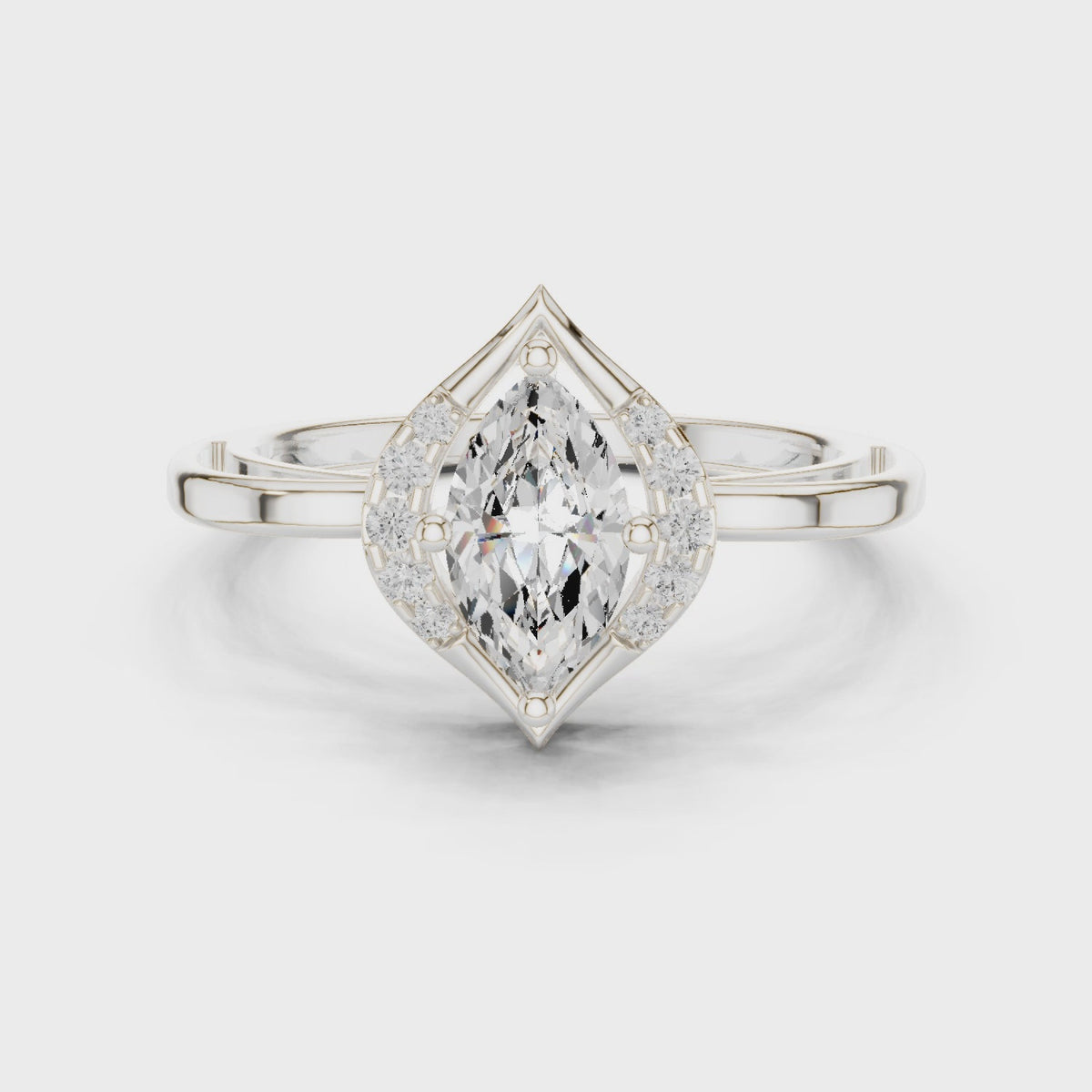 Marquise lab-grown diamond halo bypass engagement ring in white gold, 360 degree video