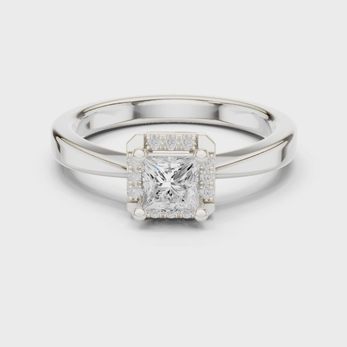 Princess-cut lab-grown diamond halo engagement ring in white gold, 360 degree video