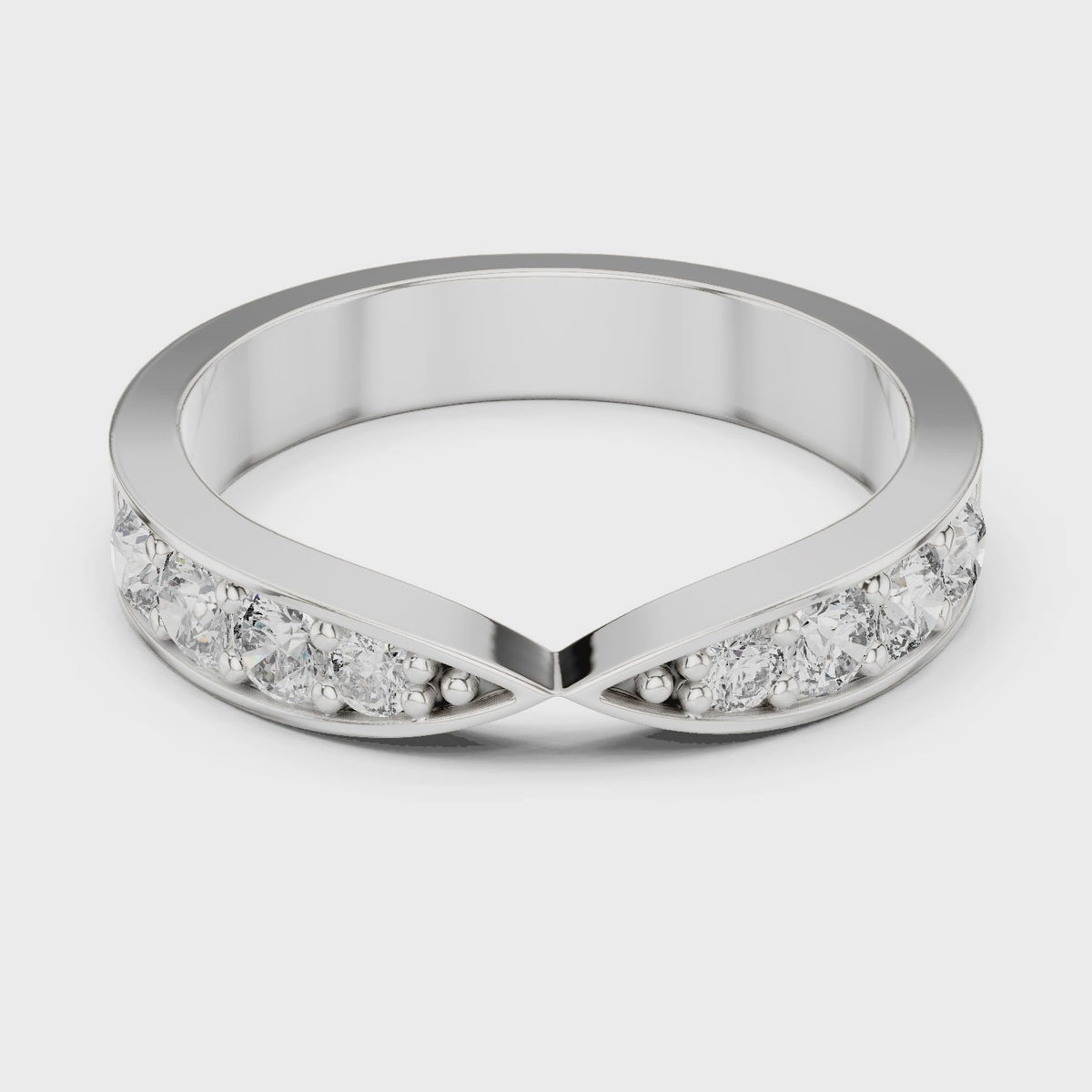 Round lab-grown diamond curved channel-set band in white gold, 360 degree video