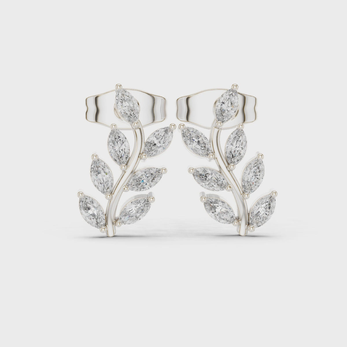 Marquise lab-grown diamond leaf stud earrings in white gold, 360 degree video