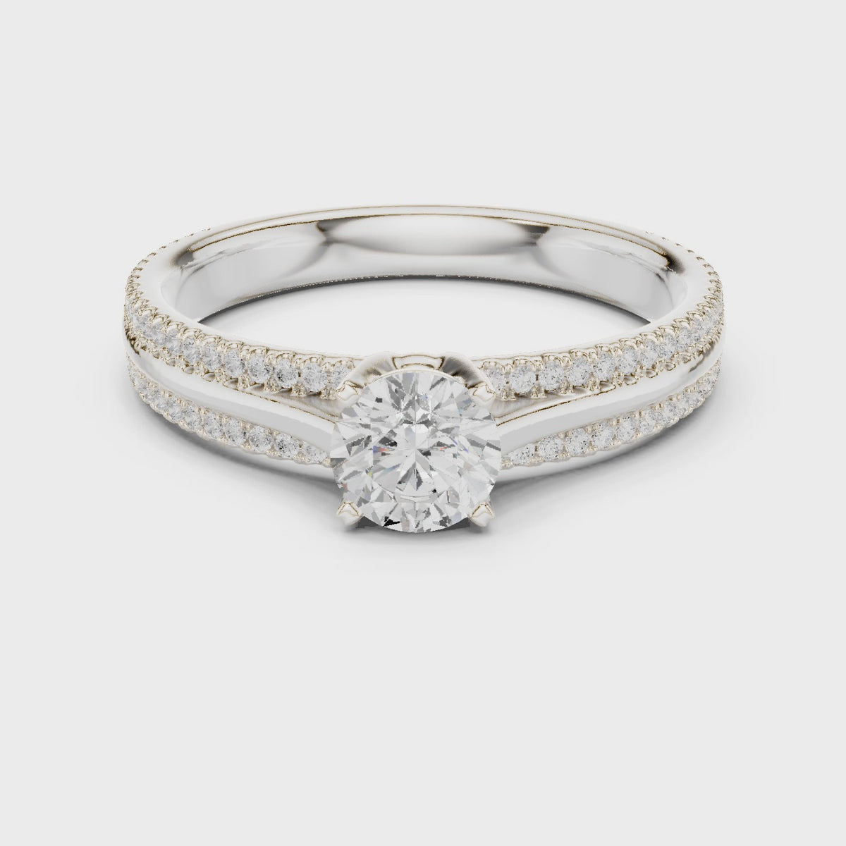 Round lab-grown diamond pavé engagement ring in white gold, 360 degree video