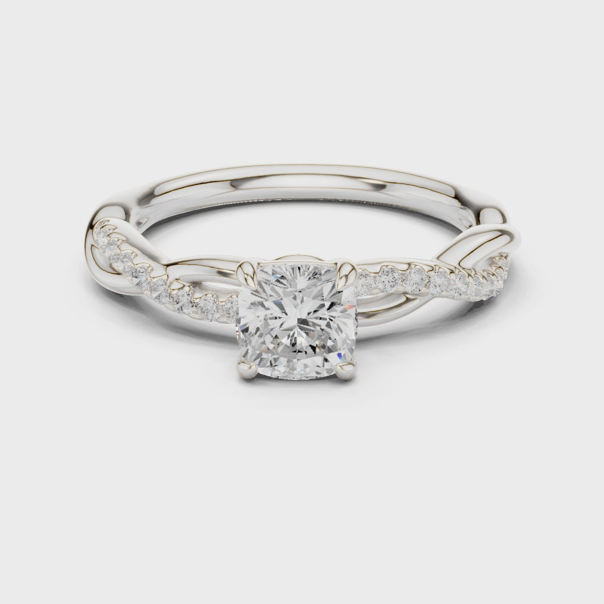 Cushion-cut lab-grown diamond twisted pavé engagement ring in white gold, 360 degree video