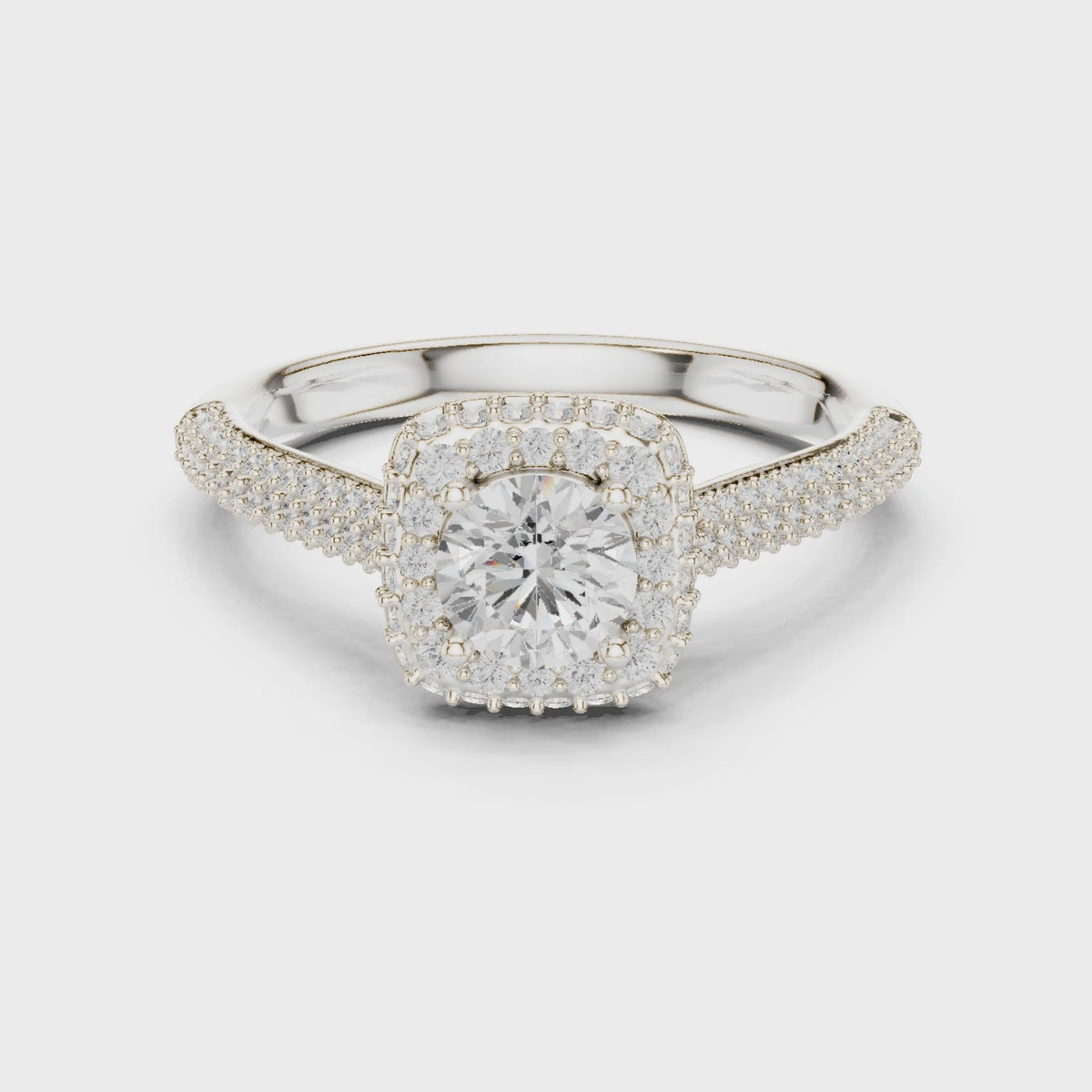 Round lab-grown diamond halo engagement ring with wide pavé band in white gold, 360 degree video