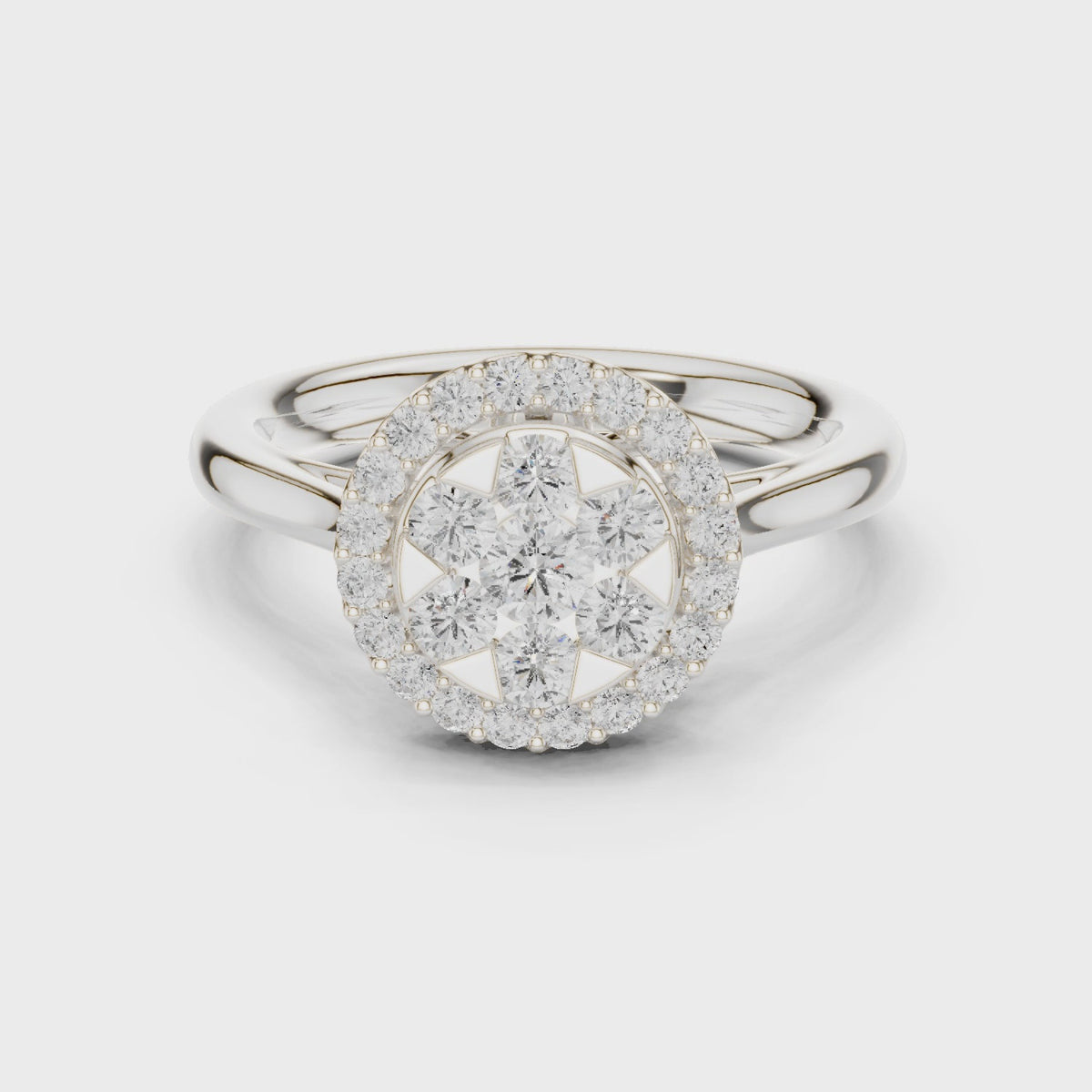 Round lab-grown diamond cluster halo ring in white gold, 360 degree video