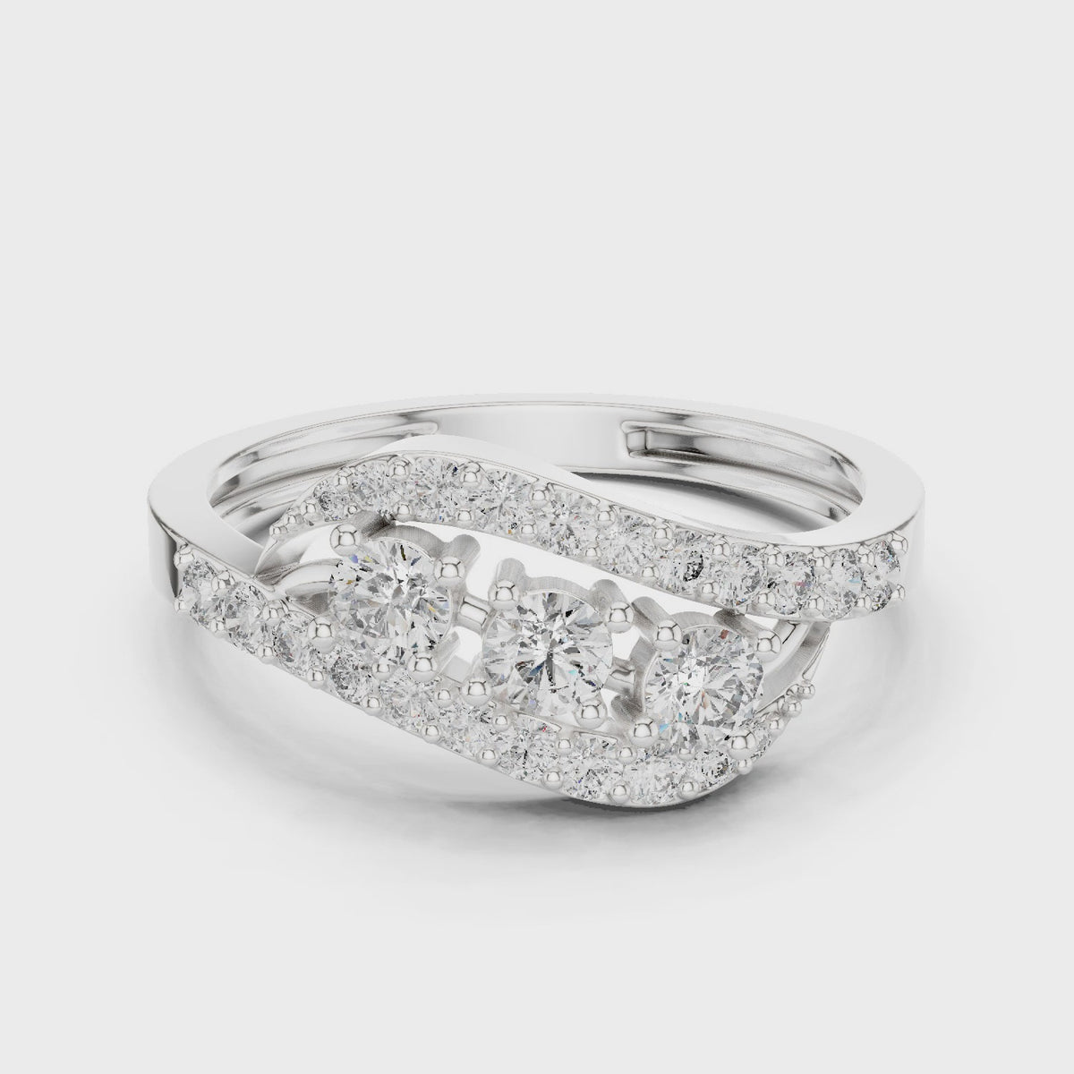 Round lab-grown diamond bypass cluster ring in white gold, 360 degree video