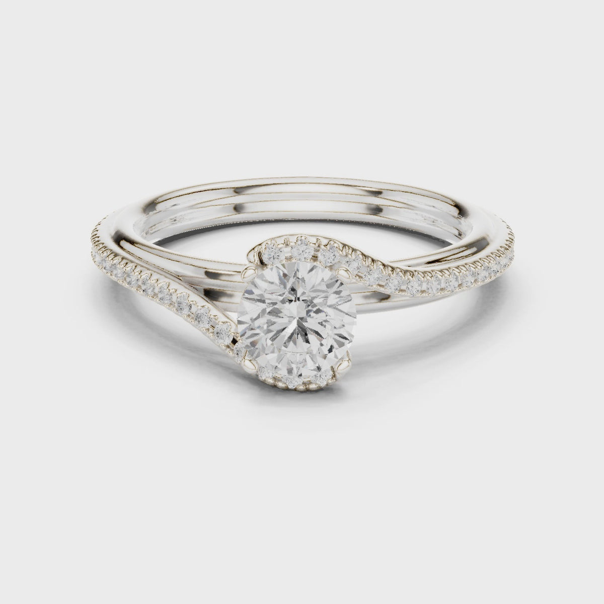 Round lab-grown diamond bypass engagement ring in white gold, 360 degree video