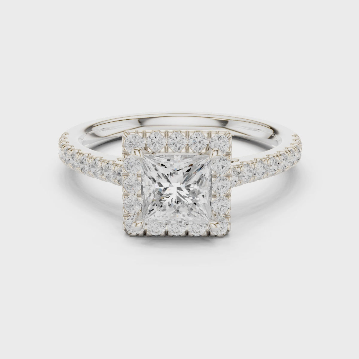 Princess-cut lab-grown diamond halo engagement ring in white gold, 360 degree video