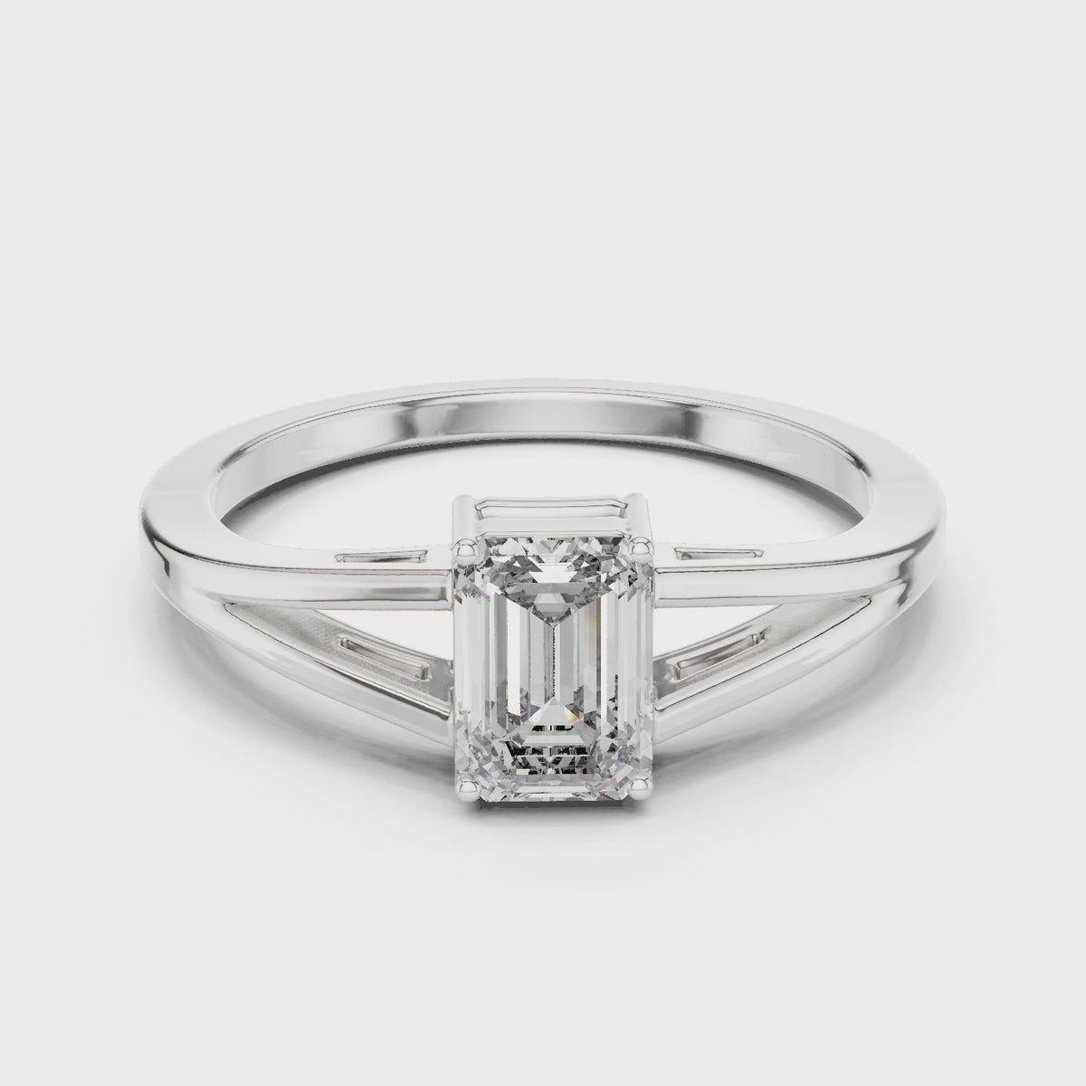 Emerald-cut lab-grown diamond split shank solitaire engagement ring in white gold, 360 degree video