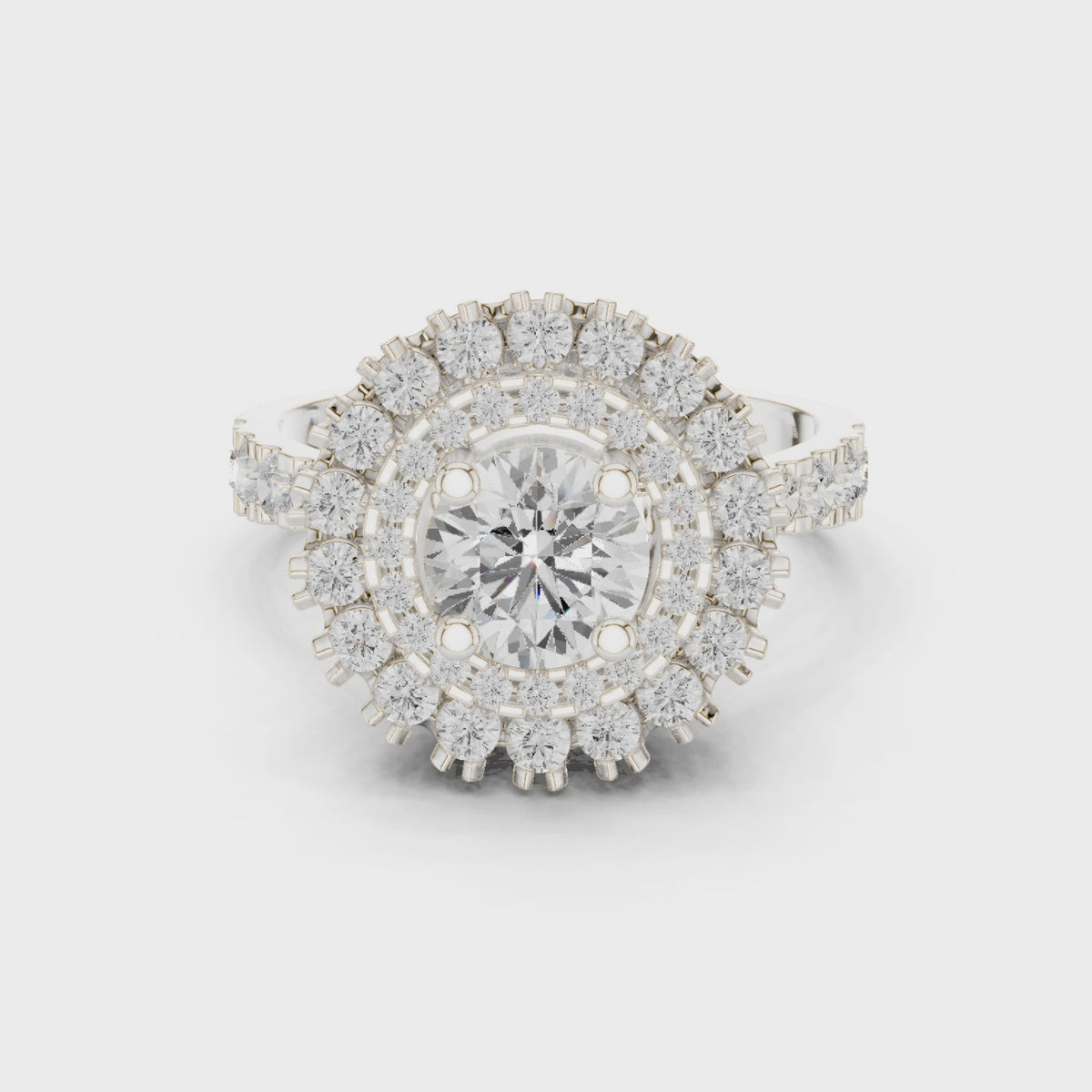 Round lab-grown diamond double halo engagement ring in white gold, 360 degree video