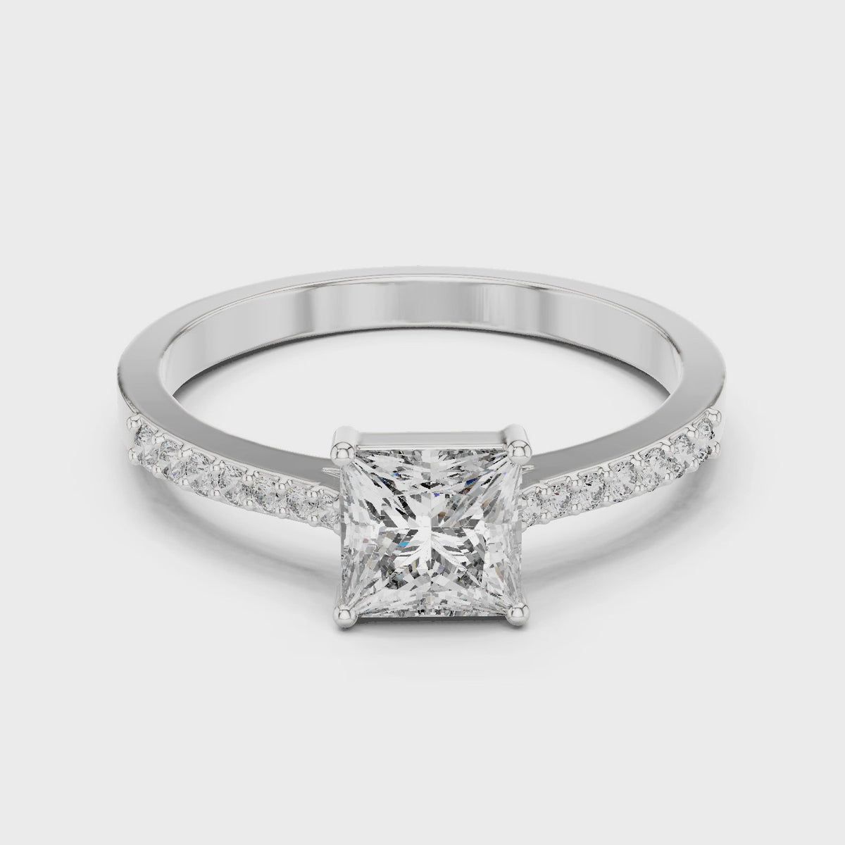 Princess-cut lab-grown diamond pavé engagement ring in white gold, 360 degree video