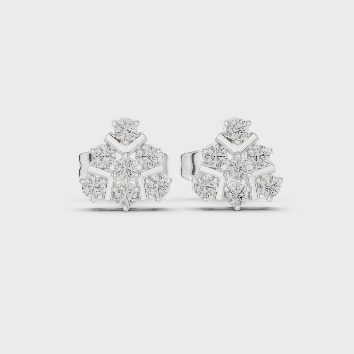 Round lab-grown diamond cluster stud earrings in white gold, 360 degree video