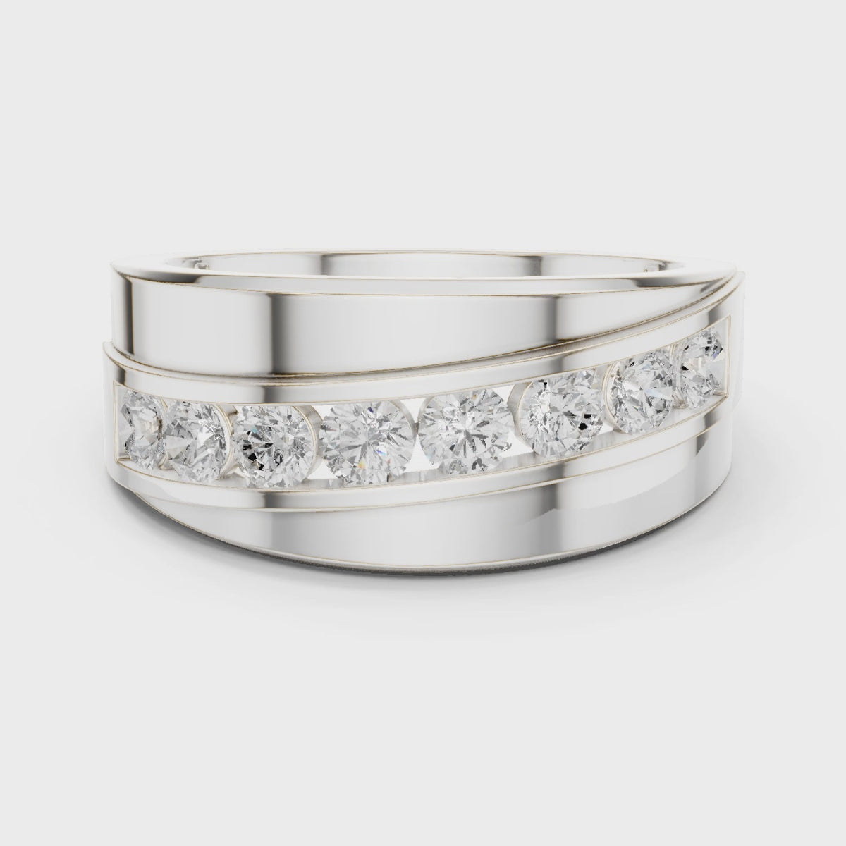Round lab-grown diamond wide channel-set band ring in white gold, 360 degree video