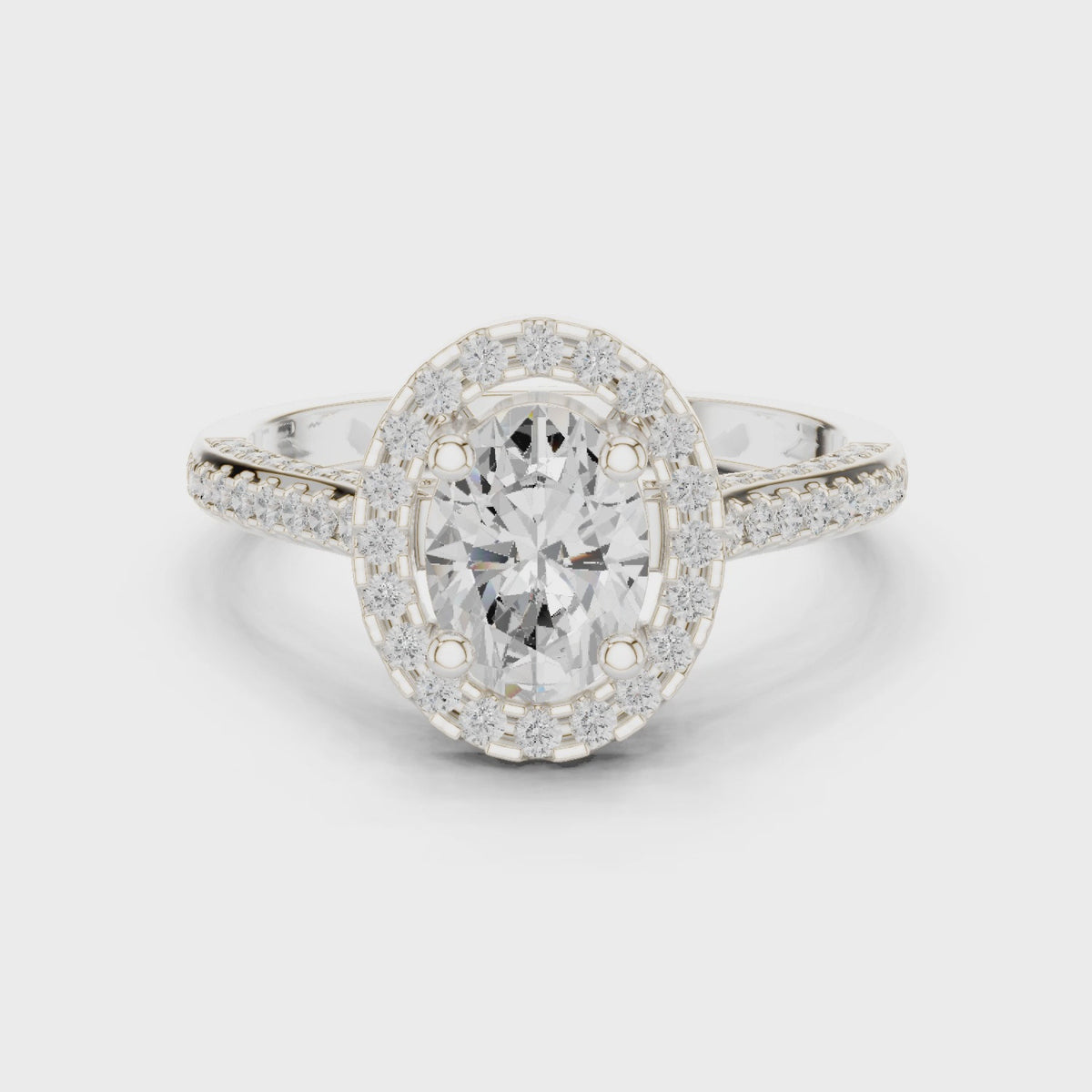 Oval lab-grown diamond halo engagement ring in white gold, 360 degree video