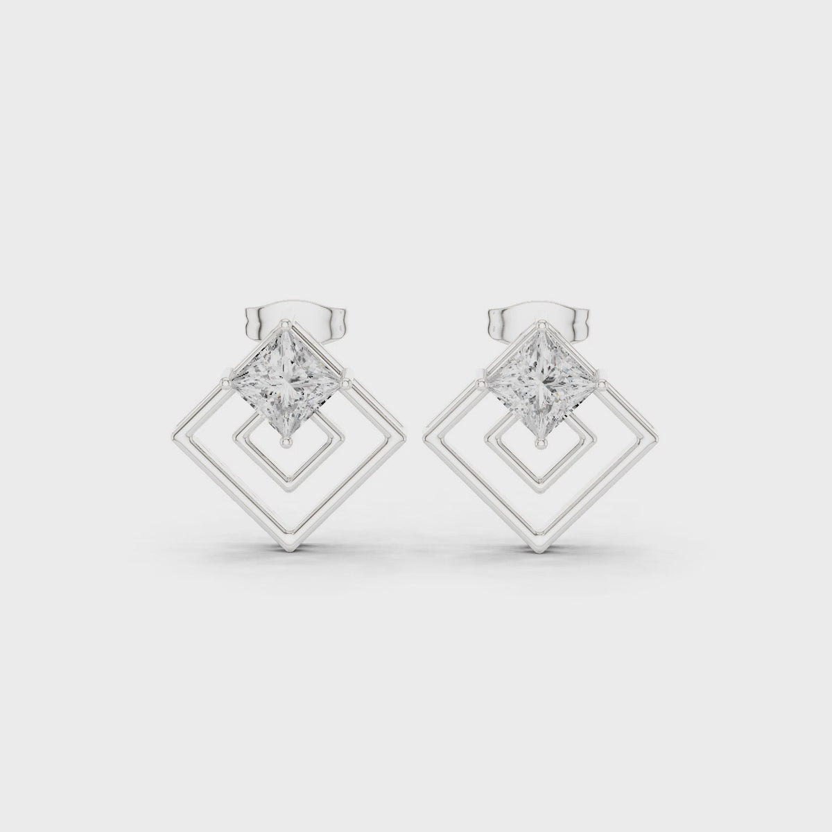Princess-cut lab-grown diamond solitaire stud earrings in white gold, 360 degree video
