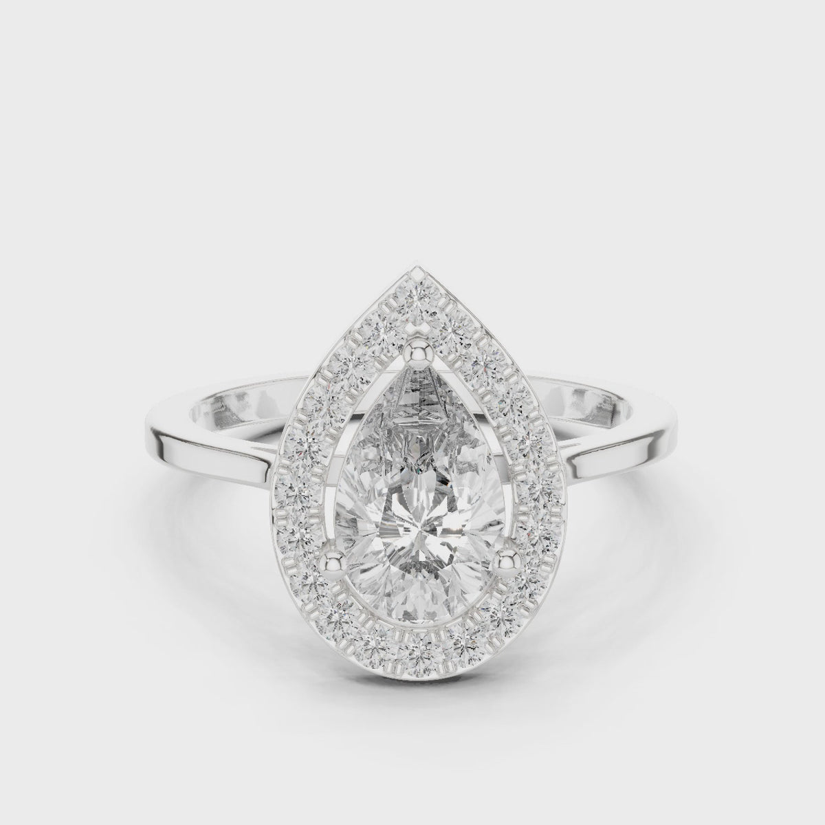 Pear lab-grown diamond halo engagement ring in white gold, 360 degree video
