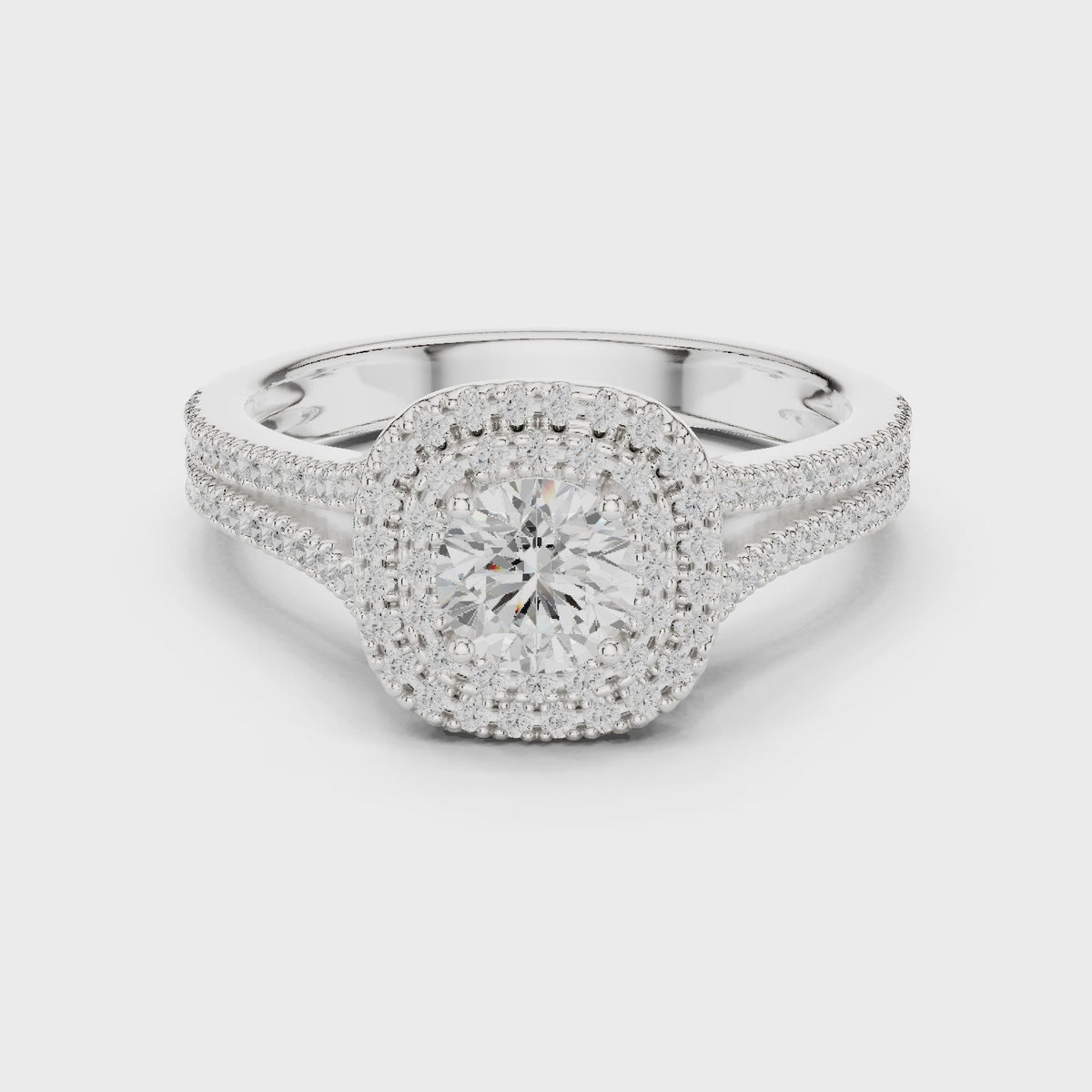 Round lab-grown diamond cushion double halo engagement ring in white gold, 360 degree video