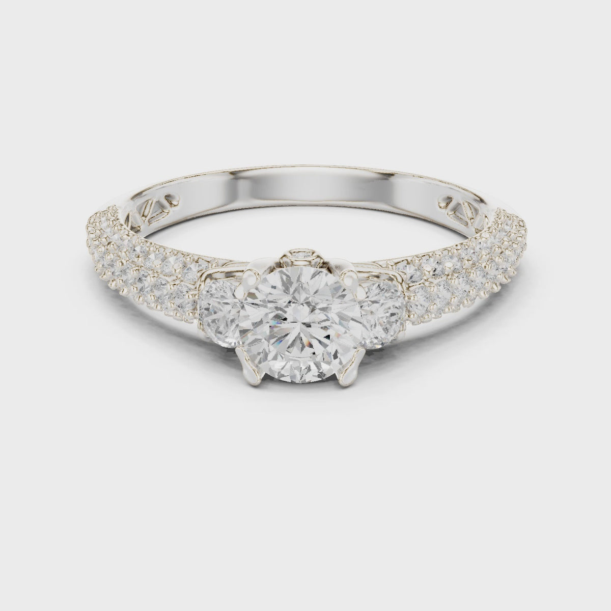 Round lab-grown diamond wide pavé engagement ring with filigree detail in white gold, 360 degree video