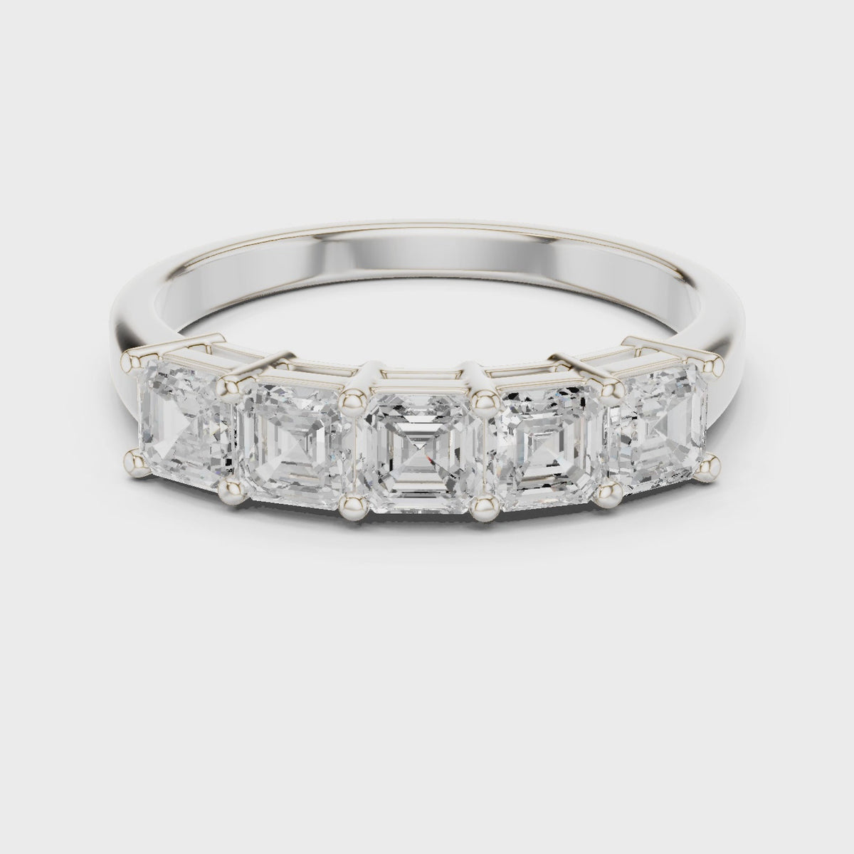 Square emerald-cut lab-grown diamond five stone band in white gold, 360 degree video