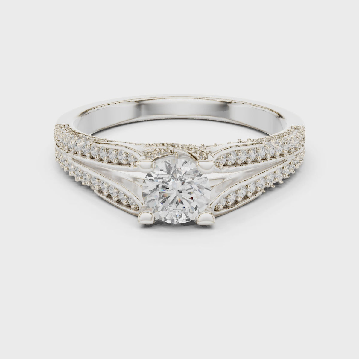 Round lab-grown diamond multi-row pavé engagement ring in white gold, 360 degree video