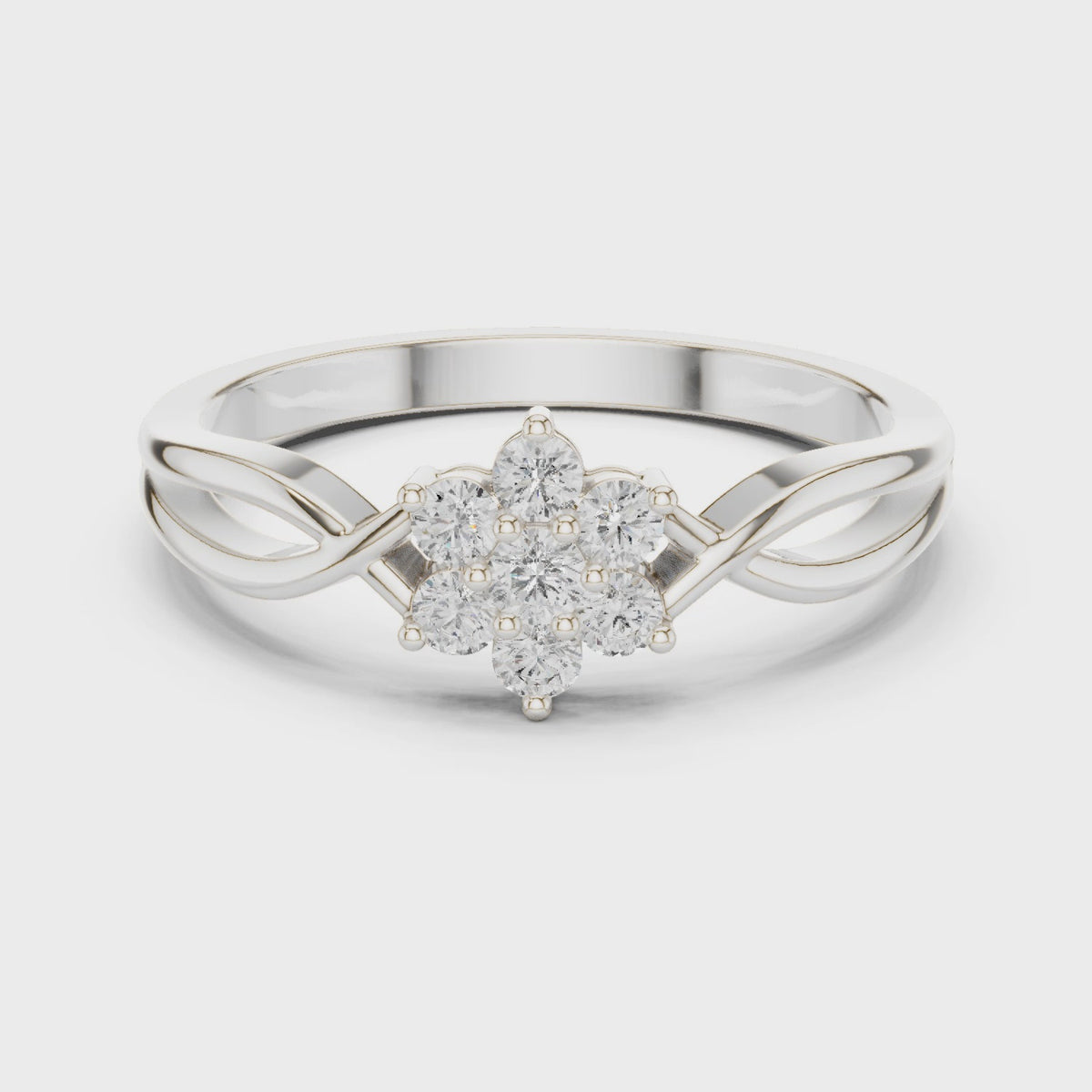 Round lab-grown diamond flower cluster ring with twisted band in white gold, 360 degree video