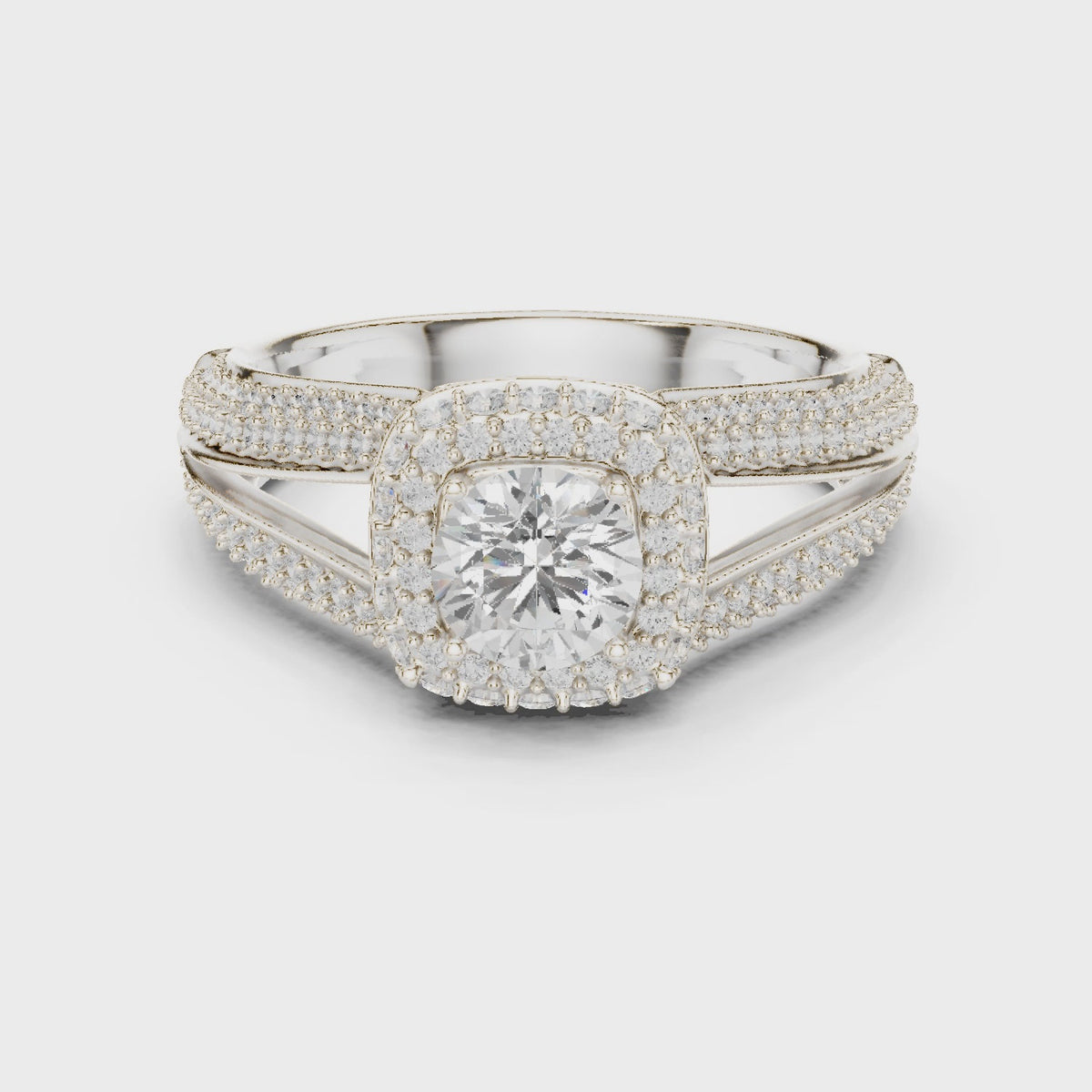 Round lab-grown diamond wide split shank halo engagement ring in white gold, 360 degree video