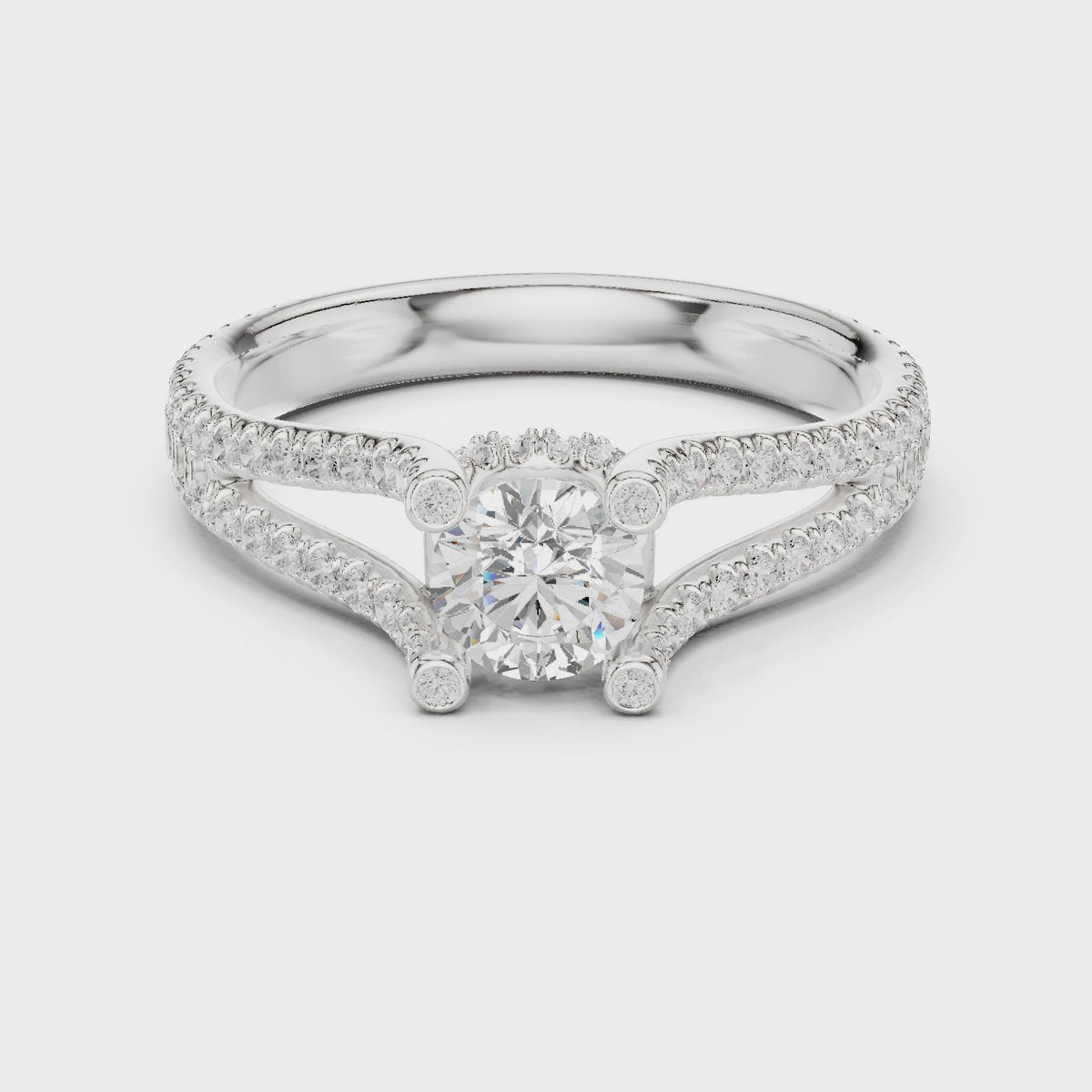 Round lab-grown diamond split shank pavé engagement ring in white gold, 360 degree video
