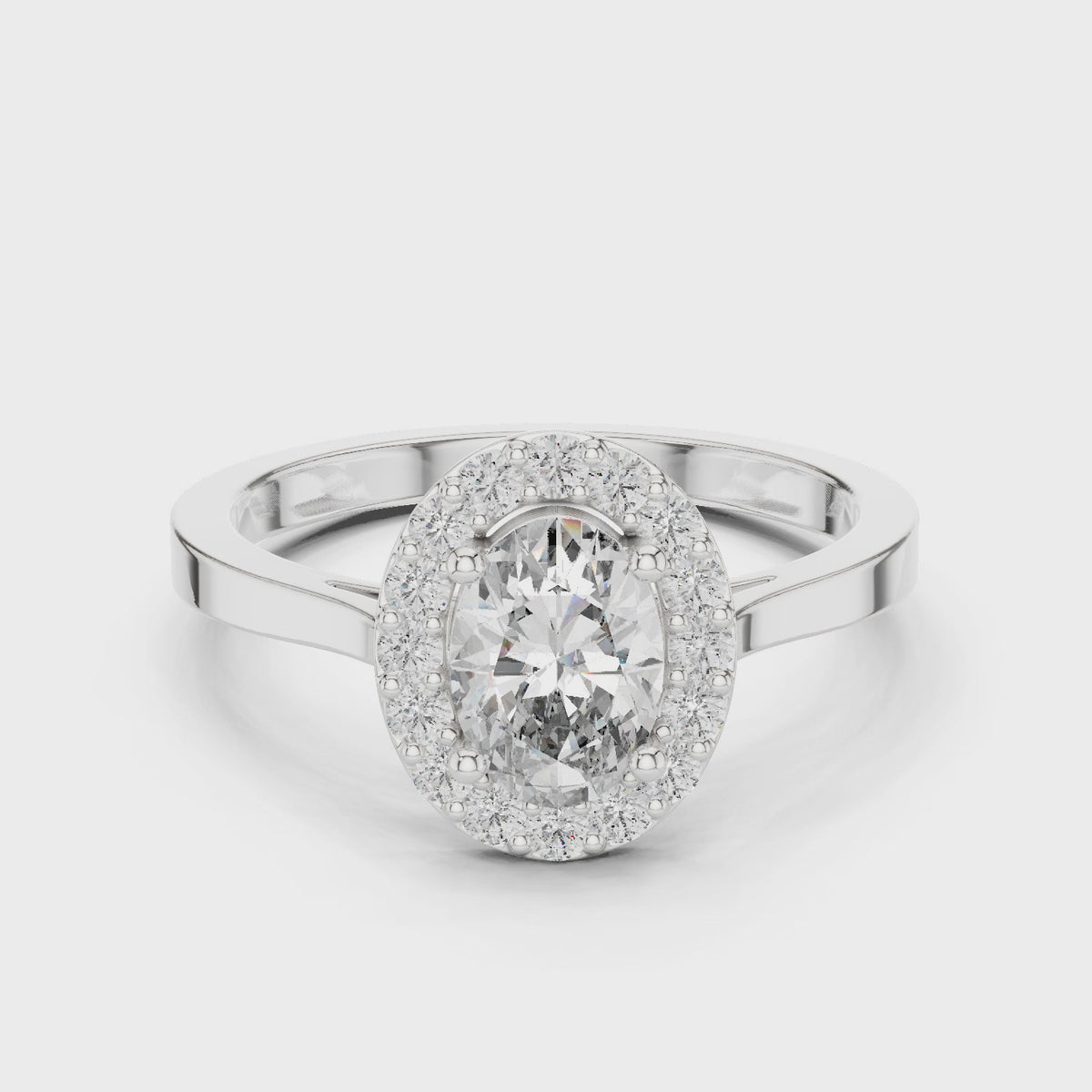 Oval lab-grown diamond halo engagement ring in white gold, 360 degree video